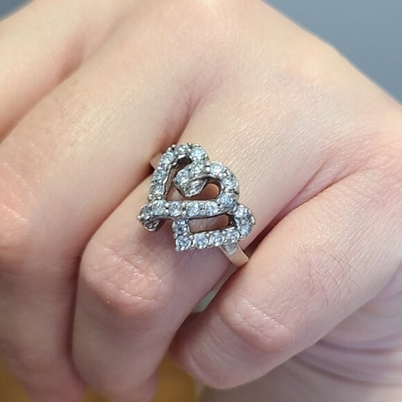Vintage Sterling Silver Crystal Double Heart Ring 6.25 - Picture 8 of 13